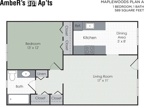 Floor plan for 1 bed, 1 bath, 589 sqft